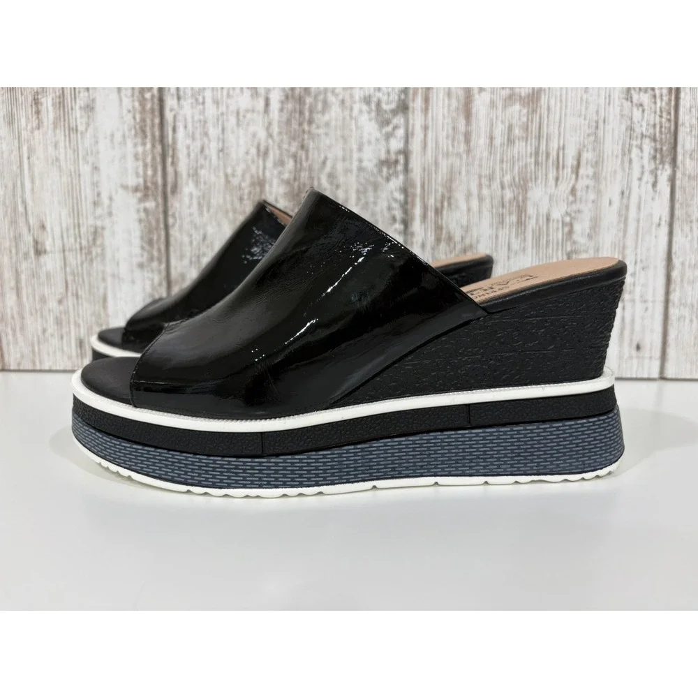 L'Artiste Black Leather Open Toe Slip-On Wedge Slide Sandals Sz EU 39 US Sz 8.5